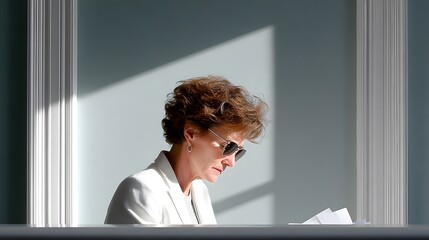 Poster - A principal sipping coffee while organizing paperwork, sunlight streaming through the window, Editorial Photography style