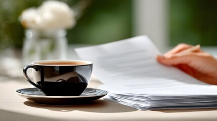 Poster - A principal sipping coffee while organizing paperwork, sunlight streaming through the window, Editorial Photography style
