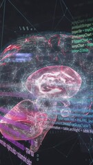 Poster - Animation of human brain, computer language and connected dots over black background