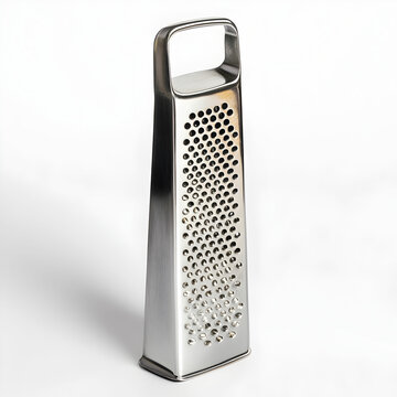 A stainless steel grater standing elegantly on a white background
