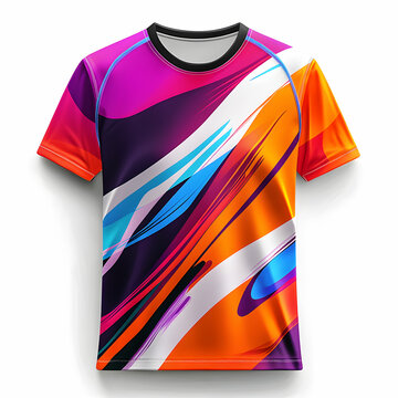 An abstract colorful jersey with a vibrant sport design displayed on a white background