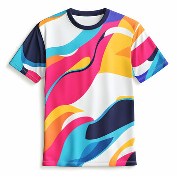 An abstract colorful jersey with a vibrant sport design displayed on a white background