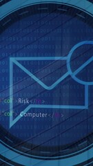 Poster - Animation of message block icon on round scanner and data processing against tall building
