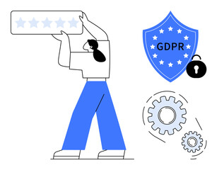 Poster - Person holding a five-star rating, GDPR shield with padlock, and gears symbolizing data security. Ideal for data protection, GDPR, compliance, privacy, ratings customer trust regulation. Simple