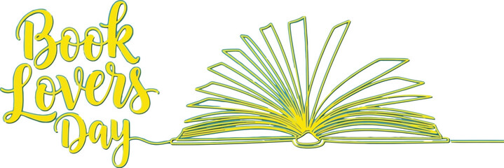 Aufkleber - Book lovers day design with yellow text and line art book on blue back
