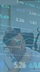 Poster - Animation of stock market data processing against diverse man and woman discussing at office