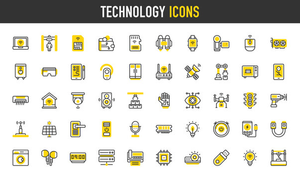 Technology vector icons. such as Hammer Drill, Water Heater, Pen Tablet, Air Conditioner, Smart Energy, Digital Wallet, Solar Panel , Sim Card, Power Bank, Green Energy, Fax illustration.