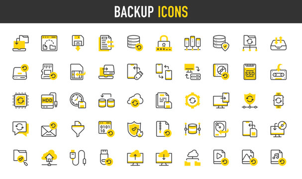 Backup vector icons. such as Cloud Sync, Data, Restore, Database, Folder, File Transfer, External Storage, Plug In, Video, Data Exchange, Sim, Database, Tape, Data, Email illustration.	
