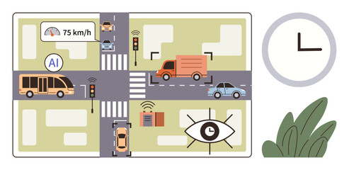 Poster - AI-driven vehicles at crossroad using sensors, cameras, and speed monitoring. Ideal for AI, automation, smart cities, technology, road safety transportation data visualization. Simple flat metaphor