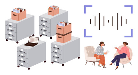 Poster - Filing cabinets with files, boxes, and laptop, sound wave pattern, and two people having a conversation on chairs. Ideal for workplace, file management, teamwork, communication digital organization