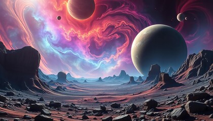 Wall Mural - Vibrant alien landscape, swirling nebulae, rocky terrain, multiple planets,  fantasy,  blue