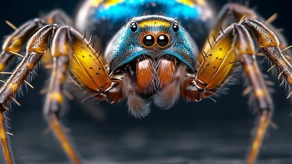 Bright orange blue spider extreme macro view
