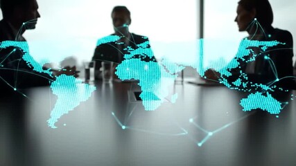 Poster - Blue Holographic World Map Over Meeting Table with Blurred Background