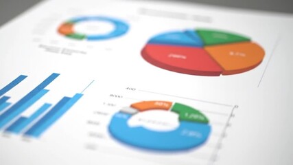 Poster - Business Data Presentation with Bar and Pie Charts in Blue Red Orange and Green on White Paper in Soft Light