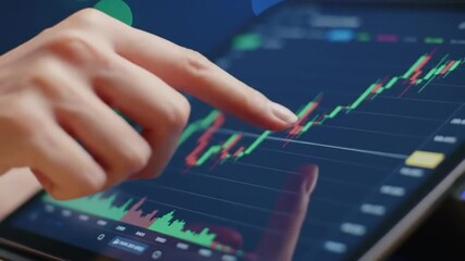 Poster - Close Up of Finger Interacting with Stock Market Chart on Tablet Displaying Dynamic Green and Red Lines on Blue