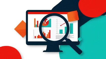 Poster - Computer Monitor Displaying Data Charts and Magnifying Glass with Geometric Shapes on White Background Optimized for