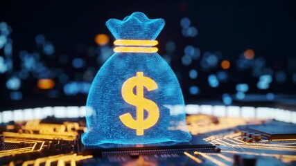 Poster - Digital Finance Conceptual Money Bag with Gold Dollar Sign On Futuristic Circuit Board