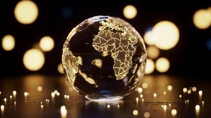 Poster - Crystalline Globe with Glowing City Lights Reflective Surface and Bokeh Circles Against Dark Backdrop