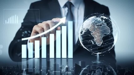 Poster - Digital Growth Chart with Businessman Touching Graph and Digital Earth Globe Displaying Global Success Over Dark