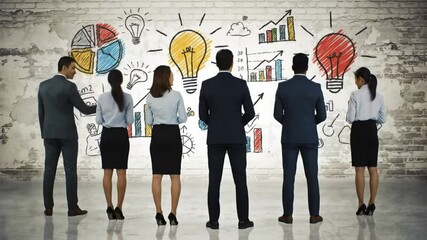Poster - Diverse Team Gathers Before a Wall of Strategy Illustrations in a Bright Office Business Meeting for a Collaborative