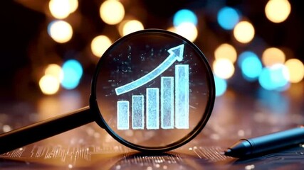 Poster - Magnifying Glass Over Blue Business Growth Graph with Bokeh Lights and Pen for Investment Concept