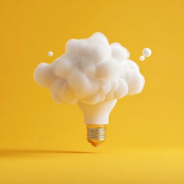 A lightbulb with a fluffy white cloud replacing its filament, set against a vibrant yellow backdrop; two small white spheres float nearby
