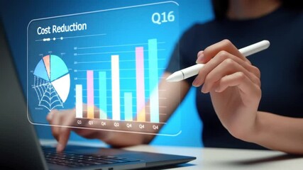 Poster - Woman Analyzing Cost Reduction Graphics on Transparent Screen Laptop in Blue Setting