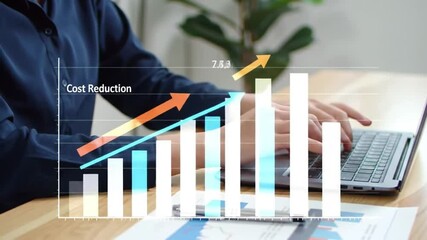 Poster - Woman Analyzes Cost Reduction on Laptop with Rising Graph Overlay on Wooden Desk in Bright Indoor Office Setting