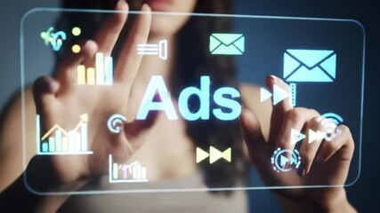 Poster - Young Woman Interacting with Holographic Interface Displaying Charts and Communication Icons in a Dark Blue Background