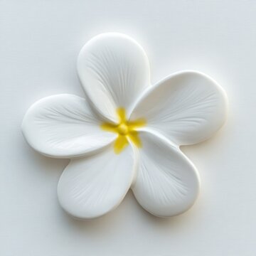 A stylized, five-petaled white flower with a yellow center, rendered in a three-dimensional, bas-relief style against a textured off-white background