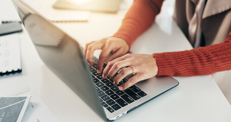 Poster - Business, hands and woman in office, laptop and typing with website info, email and connection. Person, closeup and employee in workplace, keyboard and computer with internet and online schedule