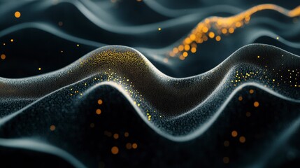 Fototapete - Abstract dark wavy surface with glowing gold particles.