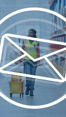Poster - Animation of envelope icon over female worker in warehouse