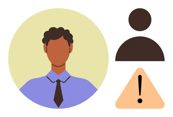 Poster - Profile of a person in a suit beside a generic user icon and warning triangle. Ideal for user profile, identity, alert, error, caution, attention, safety communication. A simple flat metaphor