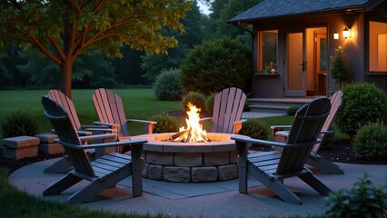 Wall Mural - Cozy Outdoor Fire Pit with Adirondack Chairs at Dusk