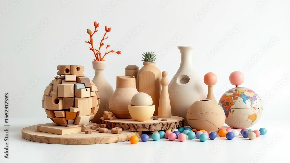 Collection of decorative objects including wooden spheres vases and ...
