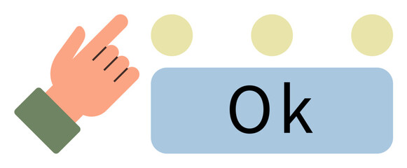 Poster - Hand pointing at OK button for confirmation, surrounded by three dots. Ideal for user interaction, decision-making, approval, acceptance, selection processes, interfaces, simple flat metaphor