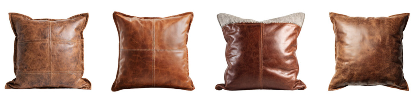Elegant Brown Leather Pillow for Home Decoration, Rustic Design, PNG set, transparent background