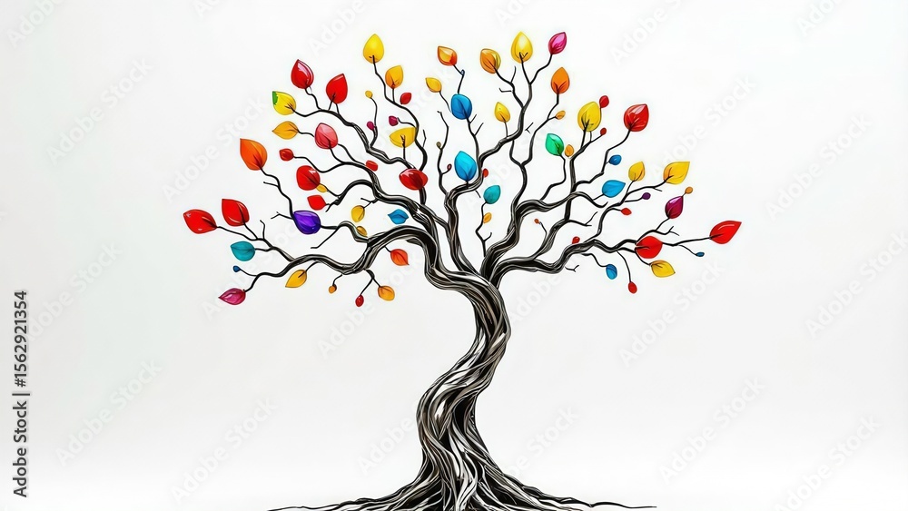 Abstract twisted tree with colorful leaves isolated on white background ...