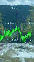 Poster - Stock market data animation over mountain stream and forest landscape