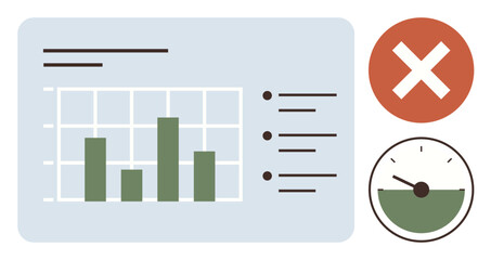 Poster - Bar chart with data insights, error warning symbol, and speedometer dial emphasize assessment, error review, performance tracking. Ideal for analytics, reporting, efficiency, KPI decision-making