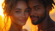 © Crocodilchik - tender sunset moment between two people with intimate gaze and soft light, romantic atmosphere with copy space