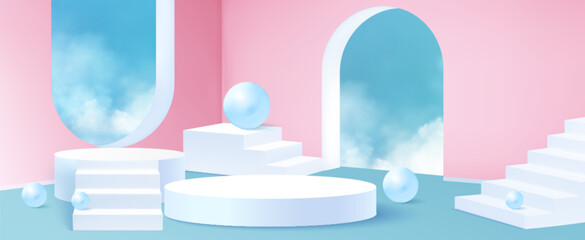 Poster - Pastel pink blue geometric stair podium composition with white platforms, glossy spheres and cloud filled sky in archways. Abstract 3d display stages for product presentation, cosmetics showcase.