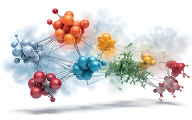 Colorful spheres connected by lines in a network