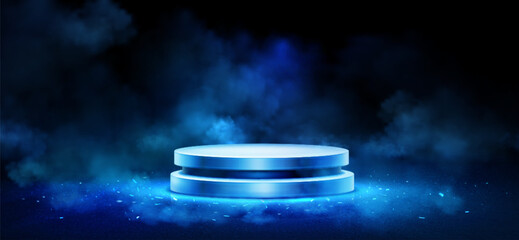 Poster - Blue glowing podium with smoke effects - circular metallic platform surrounded by dramatic mist, light particles floating in dark atmosphere for scary presentation, gaming display, product design.