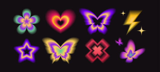 Poster - Neon gradient butterfly shapes with glowing flower, heart, star, lightning bolt and cross symbols on black background. Vibrant colorful blurred effects for y2k design, retro aesthetic elements.