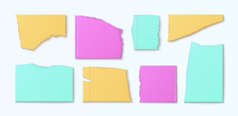 Poster - Colorful torn paper scraps - realistic notebook pieces with ripped edges, lined sheets, grid patterns. Bright scrapbook materials for memory album, creative journal, craft and playful collage design.