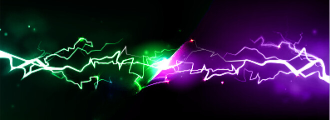 Poster - Electric vs thunder battle with purple lightning bolts clashing against green energy streams with glowing sparks. Dramatic light collision, dark bg for gaming competition, confrontation visual effect