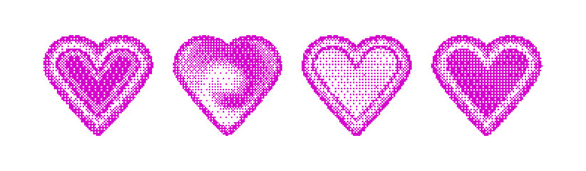 Poster - Pink pixel hearts with y2k halftone effects - digital love icons with gradient square dots in retro 8 bit game style. Valentine graphics collection in nostalgic computer art for romantic designs.
