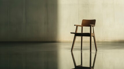 Poster - Wooden armchair in minimalist room with reflective floor.